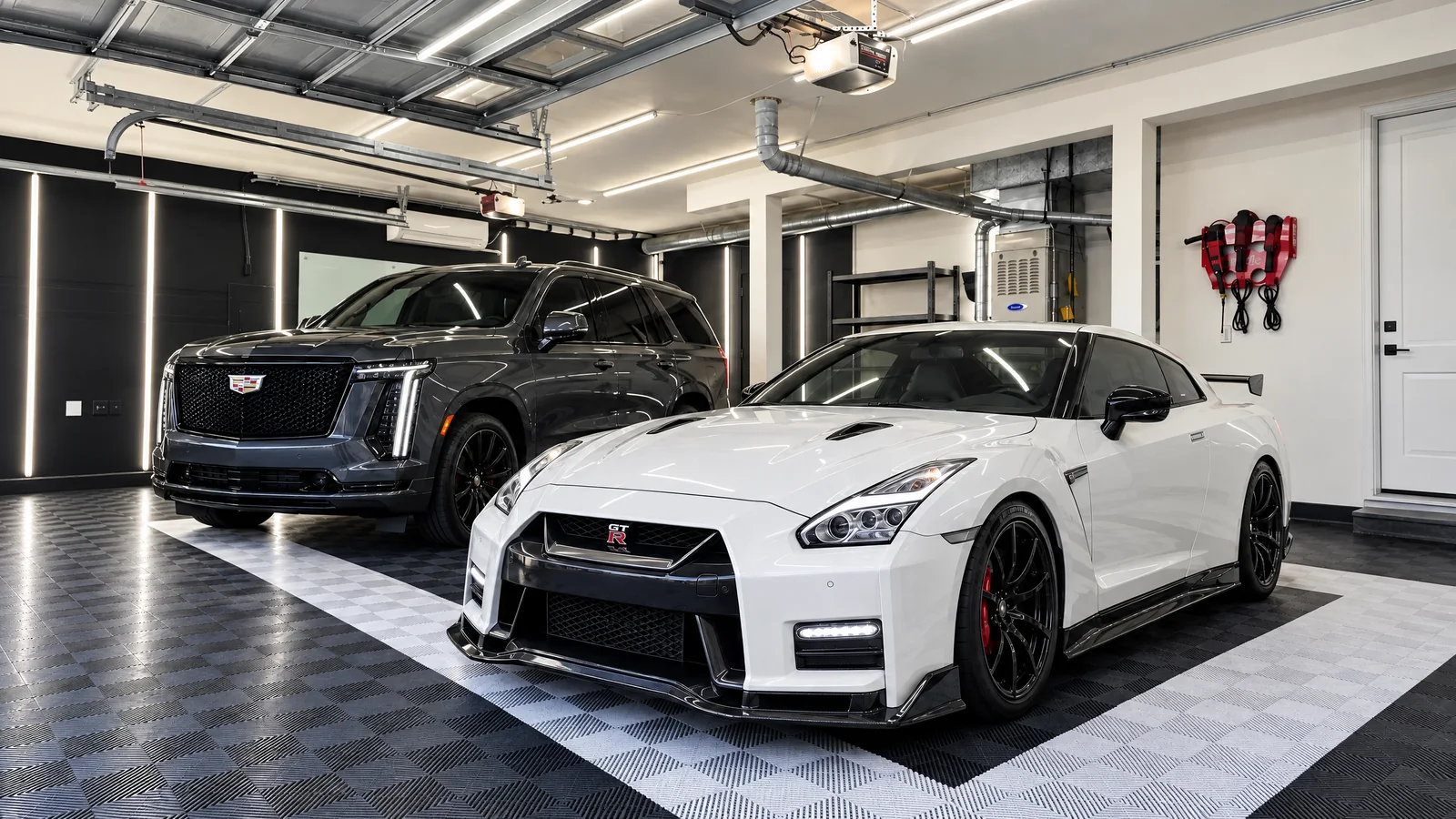 A white Nissan GT-R and a gray Cadillac Escalade with tinted windows in our Auburn shop